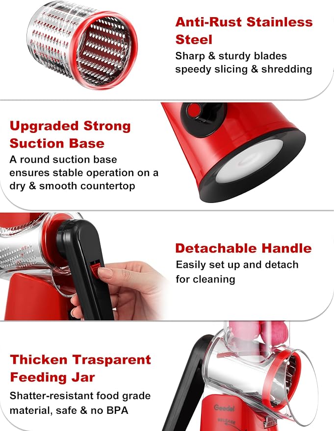Geedel Rotary Cheese Grater Vegetable Shredder With 6 Interchangeable Blades No Slip Suction Base, Mandoline Slicer & Food Chopper for Cheese, Ice, Nuts, Vegetables, Veggie