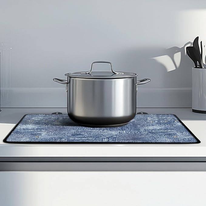 Denim Patchwork Style Stove Top Covers for Electric Stove, Jean Print Patchwork Glass Stovetop Cover with Lanyard Blue Miscellaneous Countertop Protector Mat for Kitchen 28 x 20 Inch