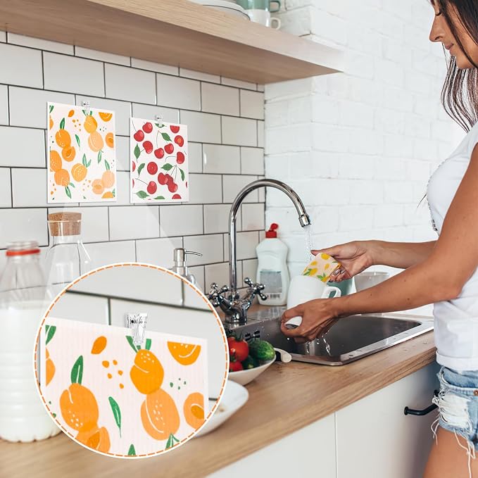 6 Pack Fruit Swedish Dishcloths for Kitchen,Swedish Rags Dish Towels | Reusable Paper Towels with Clips Washable Absorbent Cellulose Sponge Cloths for Countertop Dishes Cleaning