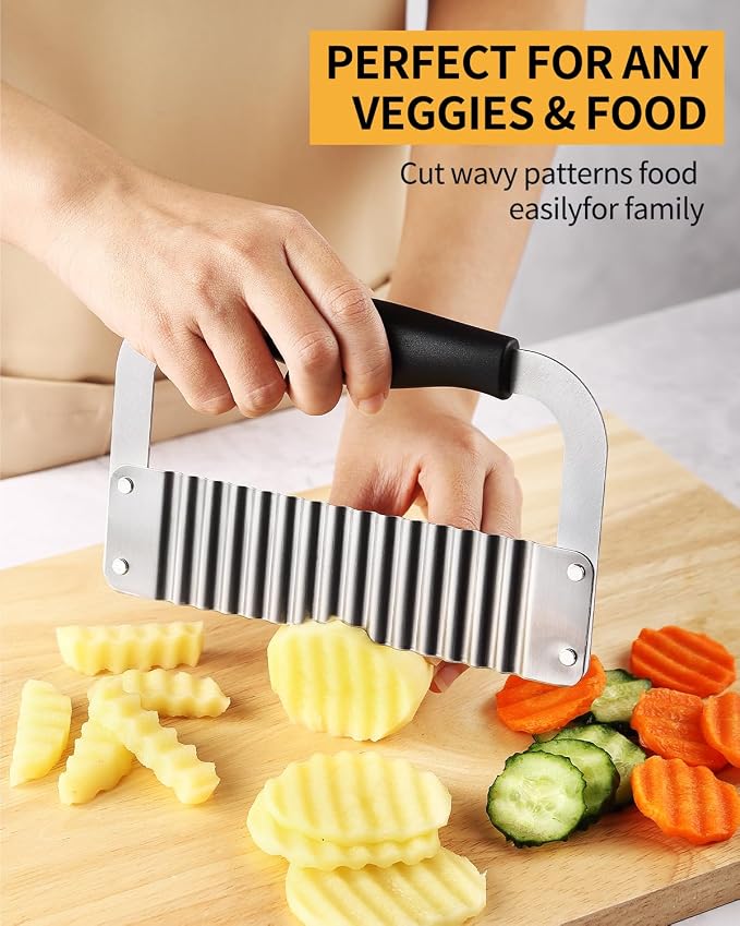 Crinkle Cutter Stainless Steel Potato Slicer Wavy Chopping Black Veggies | Comfortable Black Handle Sharp and Deep Waves Crinkle Cutting Chip for Carrot Zucchini Pickled Cucumber Dishwasher Safety