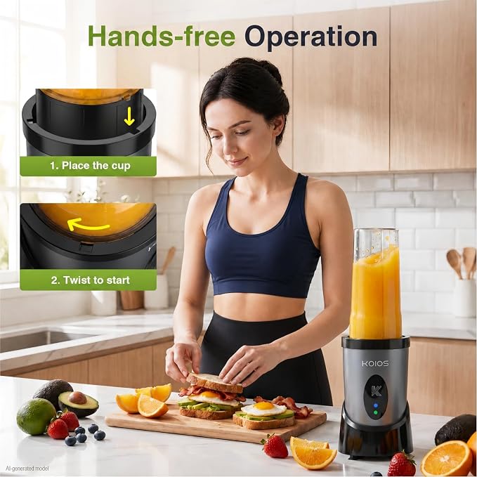 KOIOS Smoothie Blender Kitchen, 900W Personal Blenders with 3 To-Go Cups | (2) 23oz & 16oz Cups, Blend Smoothies Shakes Juices Frozen Drinks, Dishwasher Safe Part, Twist-Lock, 14Pcs, Recipe, Grey Blue