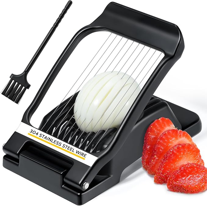 Egg Slicer for Hard Boiled Eggs & Strawberry Soft Foods, Heavy Duty, Black | Stainless Steel Wires, Not Bend & Rust, All Metal, Fast & Uniform Slice, Multipurpose, Time-Saving for Cooking, Meal Prep
