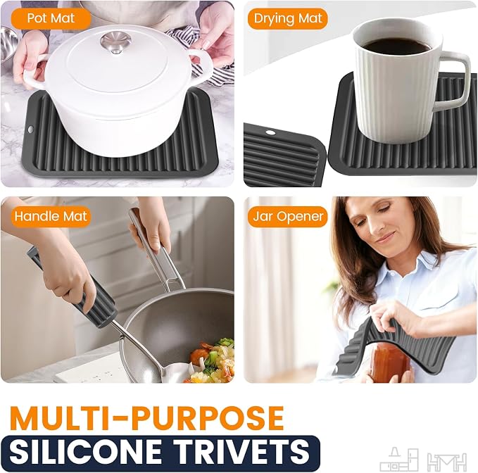 Silicone Trivet Mats 4 Heat Resistant Pot Holders Multipurpose Non-Slip Hot Pads for Kitchen Potholders, Drying mat, Jar Opener, Spoon Holder, Coaster.(Pitch Black)