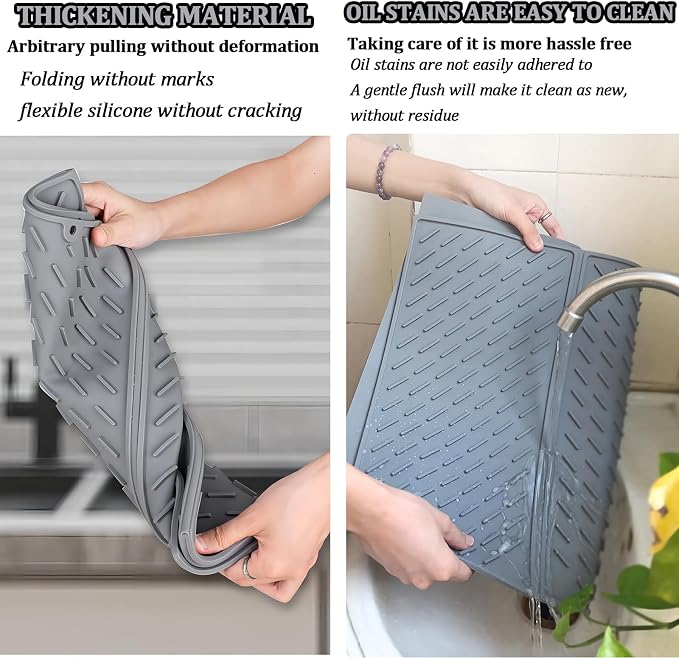 Silicone Dish Drying Mat for Kitchen Counter, Collapsible Trifold Large Dish Drainer Mat, Drying Mat with Hook, 24x16In Non-Slip Silicone Sink Mat, Easy to Clean