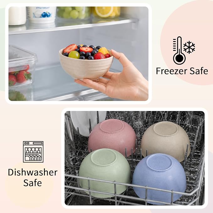 DUOLUV Unbreakable Cereal Bowls - Wheat Straw Fiber Lightweight Bowl Sets 4 - Dishwasher & Microwave Safe - for,Rice,Soup Bowls (24 OZ)