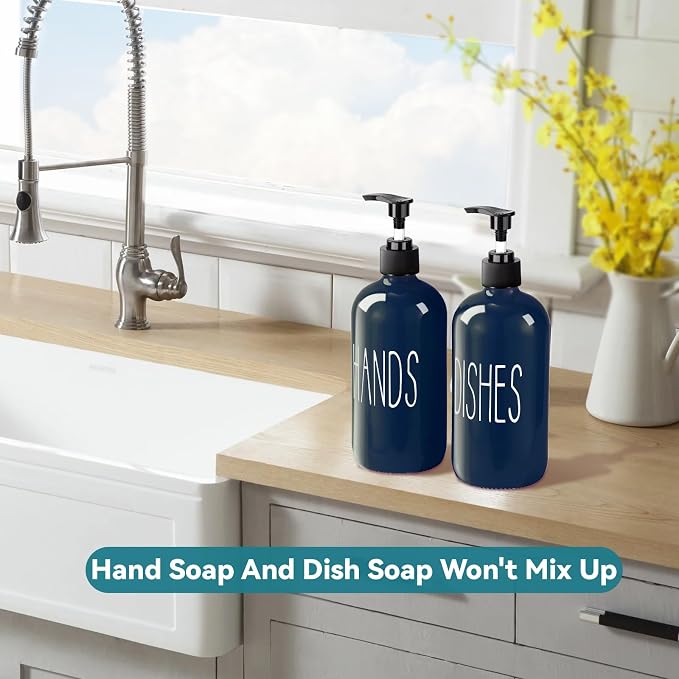 COHOSEGE Glass Soap Dispenser Set 2 Pack,16 Oz Dish Soap Dispenser for Kitchen Sink,Blue Kitchen Accessories and Kitchen Decor,Blue Decorations and Kitchen Utensils for Kitchen