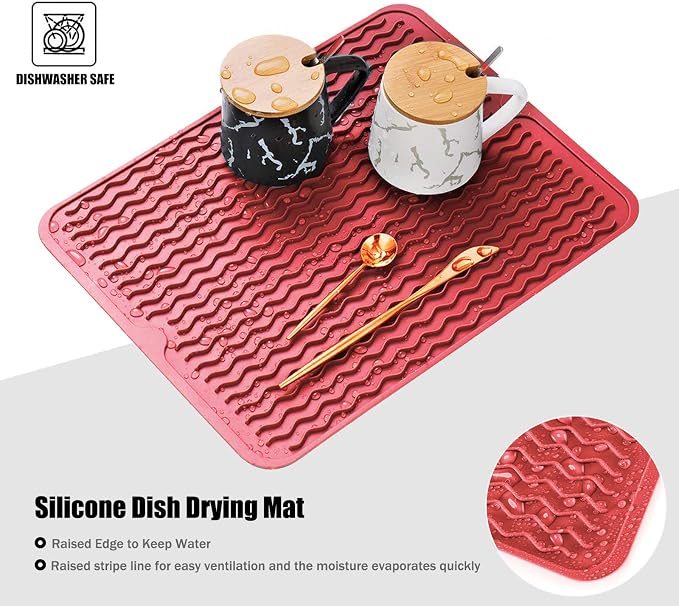 Silicone Dish Drying Mat, Non-Slip Easy Clean Sink Mat, Red, 17" x 14" | Quick-Dry Ridges, Large Heat-resistant Dish Drainer Mat for Kitchen Counter, Hangable & Roll-Up for Storage, Dishwasher Safe