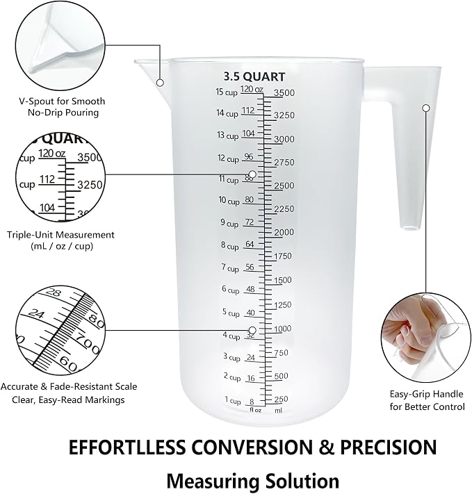Plastic Measuring Cup with Handle, Pool Chemical Measuring Cup, Plastic Measuring Pitcher for Liquid Mixing, Pouring, Lawn Care, Pet Food, Motor Oil, Laboratory and More (120, Fluid Ounces, 3500ml)
