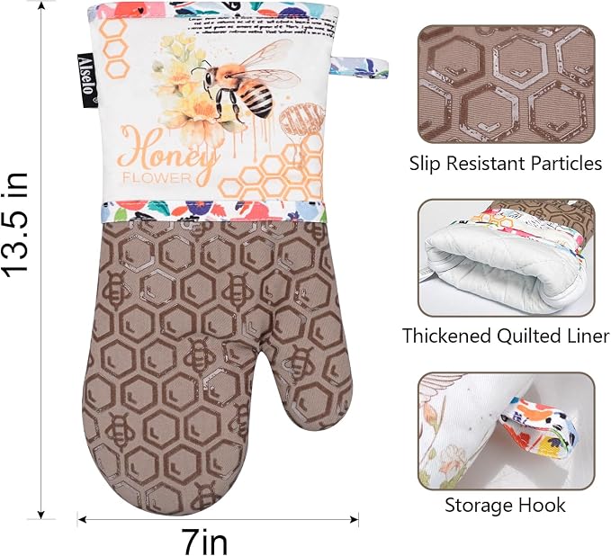 Alselo Oven Mitts 1 Pair, Silicone Printed Kitchen Mittens,7"x13.5" | Heat Resistant & Non-Slip Oven Gloves, Fashion Animal Design with Soft Quilted Cotton Lining for Baking Cooking BBQ (Khaki 2)