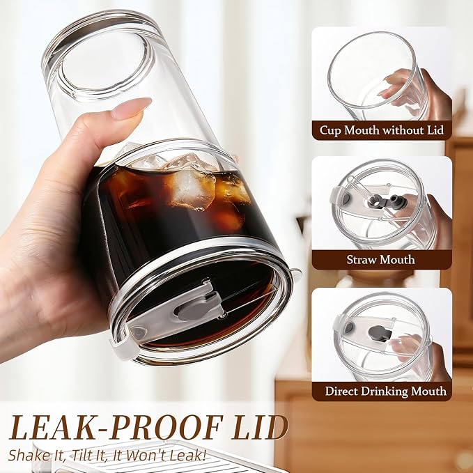 Iced Coffee Cups with Lids: Coffee Bar Accessories - Tumbler Leak Proof for To Go Iced Coffee Cup with Lid 4Pack - 20 oz Glass Cup with Lid and Straws - Thickened Glass Tumbler with Straw and Lid600ml