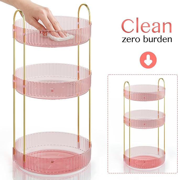 Rotating Makeup Organizer Countertop, Skincare Organizers | Spinning Perfume Tray Stand, Makeup Storage Organizer for Vanity, Bathroom Organizer and Storage, Lazy Susan, 3 Tier, Pink