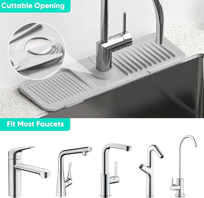 17.7'' Faucet Mat for Kitchen Sink [5°Slope Fast Self-draining] Kitchen Sink Splash Guard Silicone Sink Faucet Mat Splash Guard Kitchen Sink Area Tidy Splash Faucet Guard Draining Mat-Light Gray