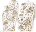 AnyDesign 4Pcs Brown Chinoiserie Floral Oven Mitts and Pot Holders Set | Heat Resistant Non-Slip Toile Potholders Vintage Flower Kitchen Oven Gloves with Hot Pads for Cooking Baking