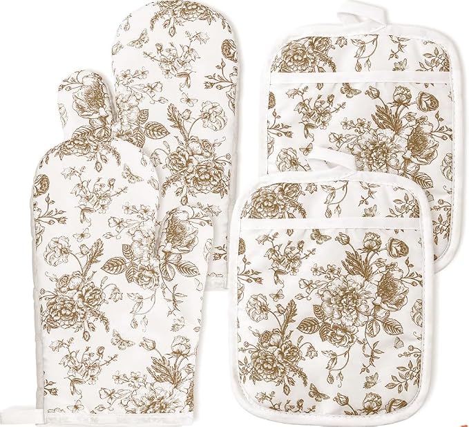 AnyDesign 4Pcs Brown Chinoiserie Floral Oven Mitts and Pot Holders Set | Heat Resistant Non-Slip Toile Potholders Vintage Flower Kitchen Oven Gloves with Hot Pads for Cooking Baking