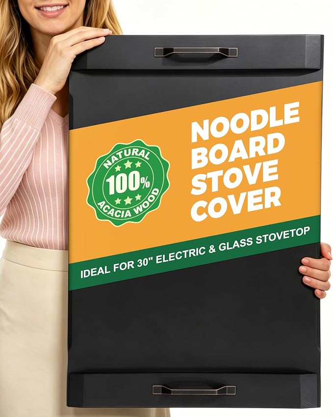 Gaialoop Noodle Board Stove Cover for Glass Electric Stovetop with Handles | Black Acacia wood stovetop cover adds counter space, elevates your kitchen, and protects most 30" glass top electric stoves