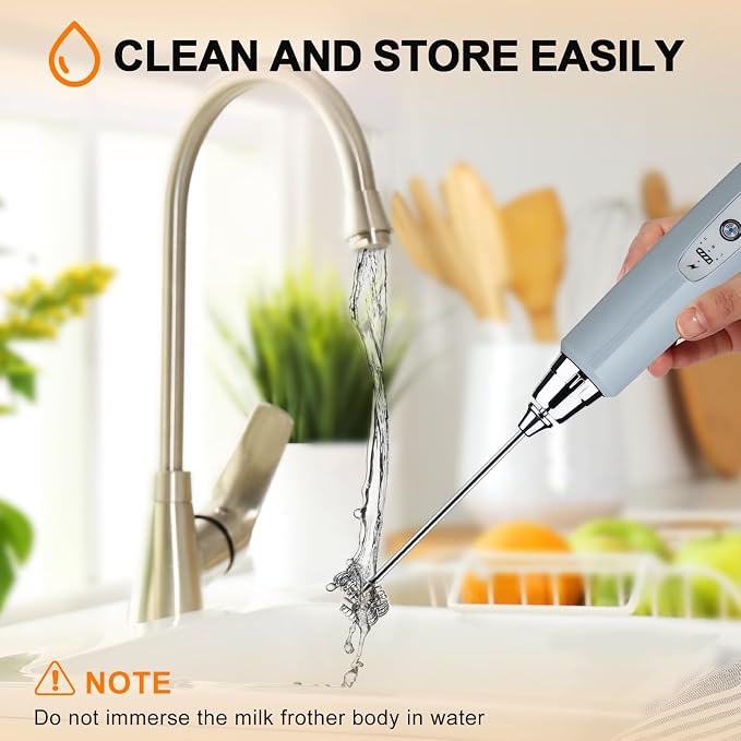 YUSWKO Handheld Milk Frother Wand for Coffee, Rechargeable Electric Whisk with 3 Heads 3 Speeds Drink Mixer Coffee Frother For Latte, Cappuccino, Hot Chocolate, Egg, Cement Gray