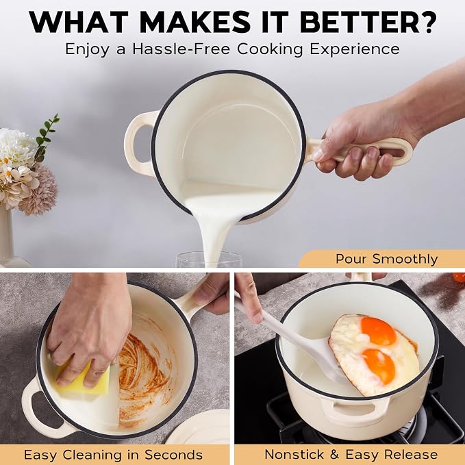 Onader Enameled Cast Iron Saucepan Set, 1 Quart & 2 Quart Sauce Pan with Lid, Small Cast Iron Pot for Cooking, Enamel Dutch Oven, Nonstick & Heavy Duty – Cream White
