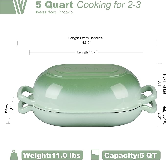 VORRINGARD Enameled Cast Iron Sourdough Bread Oven, Dutch Oven, Loaf Cast Iron Bread Pan for Homemade Bread Baking, Meatloaf Pan with Lid, 5QT, Green