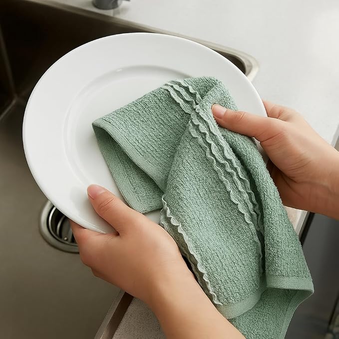 Sage Green Kitchen Hand Dish Towels, Set of 3, 100% Cotton, 18" x 28" | Modern Farmhouse Textured Stripe Weave, Oversized Dish Cloth, Soft & Absorbent, Quick Dry, Multipurpose Everyday Use