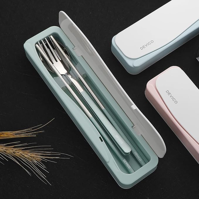 DEVICO Travel Utensils with Case, 4Pcs Portable Silverware Set for Work, 18/8 Stainless Steel Reusable Cutlery, Korean Spoon and Chopsticks Fork for Camping, School, Lunch Box Accessories (Green)