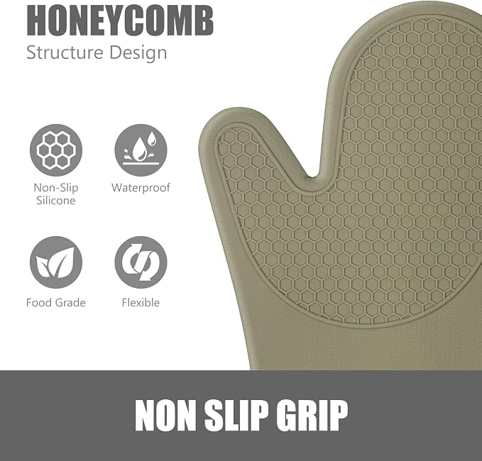 RORECAY Silicone Oven Mitts and Pot Holders Sets for Kitchen, Sage Green | Set of 6 Kitchen Mitts for Baking & Cooking, Heat Resistant 500 ℉, 12.7" Extra Long, Non-Slip & Waterproof, Quilted Cotton
