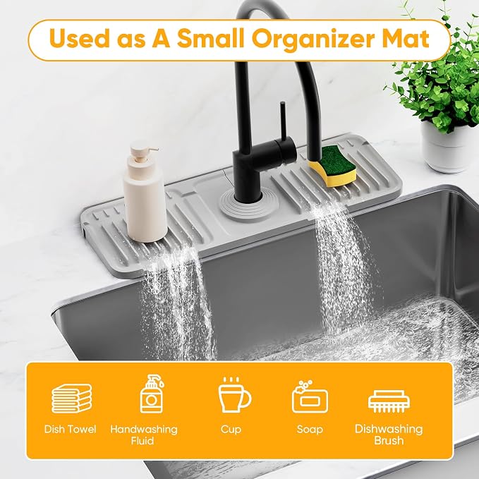 14.6 inch Faucet Mat for Kitchen Sink Splash Guard[7° Slope Fast Self-draining][Snap Lock Fit]Kitchen Sink Faucet Mat Splash Guard Kitchen Sink Area Water Splash Guard Behind Faucet Draining Mat