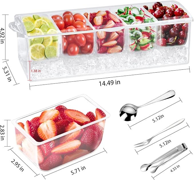 Condiment Tray with Stainless Steel Tableware, Chilled Condiment Server | Bar Accessories with 5 Spoons, 5 Forks and 1 Clip with Removable Trays and Lid