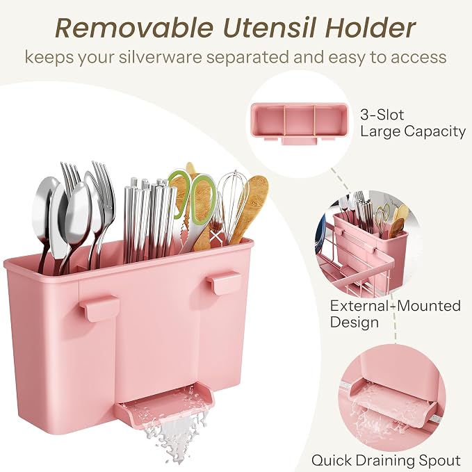 SNTD Dish Drying Rack for Small Kitchen Counter, 11" W x 15" L, Pink | Space Saving, Rotating Spout & Angled Drainboard for Quick Drainage, Stainless Steel, Removable Utensil Holder