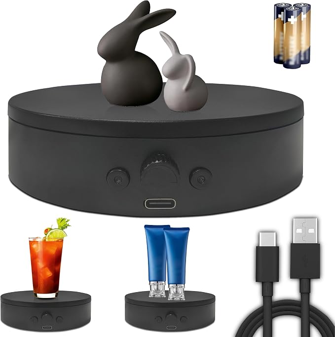 Rotating Display Stand Easy to Switch Direction, Spinning Platform Adjustable Speed, 360 Degree Motorized Photography Turntable for Jewelry, Shoes Display and Shooting, Lazy Susan(4.53" black)