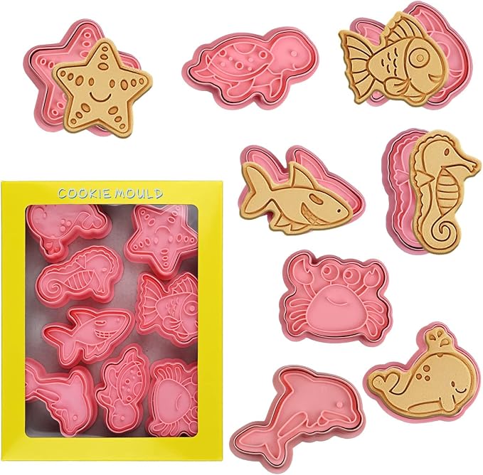 8 Piece Ocean Cookie Cutters With Plunger Stamps Set | 3D Sea Cookie Cutters, Sea Embossing Cutter For Fondant Biscuit Cheese Baking