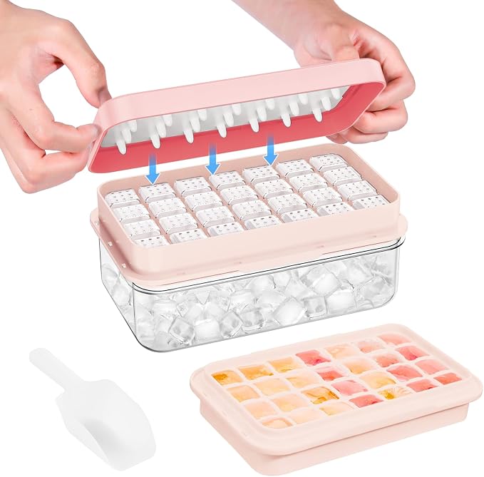 Ice Cube Tray with Lid and Bin, Easy Release 28 Cubes for Freezer | Food-grade BPA-free PP and ABS. Ice cubes for fruit, cocktails, iced coffee. Space-saving stackable with scoop