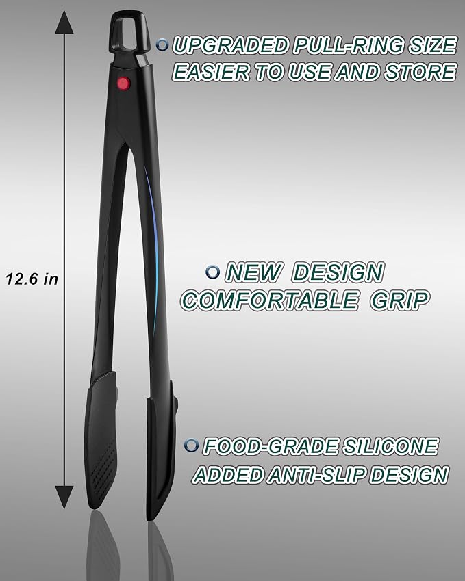 Professional Stainless Steel Kitchen Tongs, Dishwasher safe 12'' Black | Food-Grade Silicone Anti-Slip Design with Comfortable Grip, Multi-Purpose for Salad Serving, BBQ and Cooking