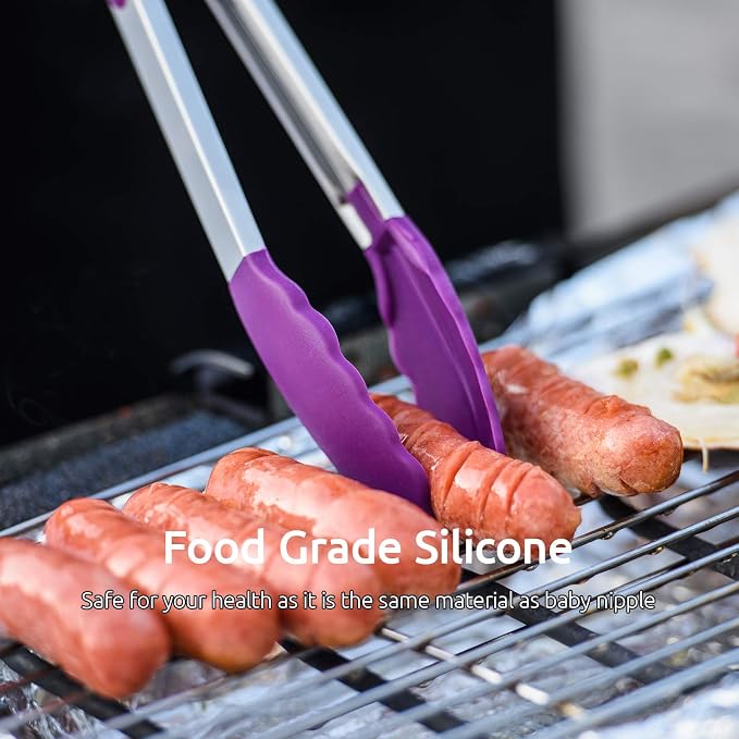 U-Taste Kitchen Tongs for Cooking, 600ºF Heat-Resistant Tps, 3Pcs/Purple | Silicone Tong Set 7/9/12in, Salad/Grill/BBQ Plastic Tongs for Food Serving, Rubber Thong with 18/8 Stainless Steel Handle