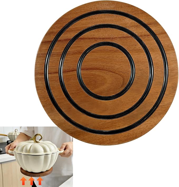 8 Inch Magnetic Wooden Trivets, Acacia Wood Pot Holder with 3 Heat-Resistant Silicone Rings, Kitchen Round Magnetic Trivet for Cast Iron Pots, Pans and Hot Dishes