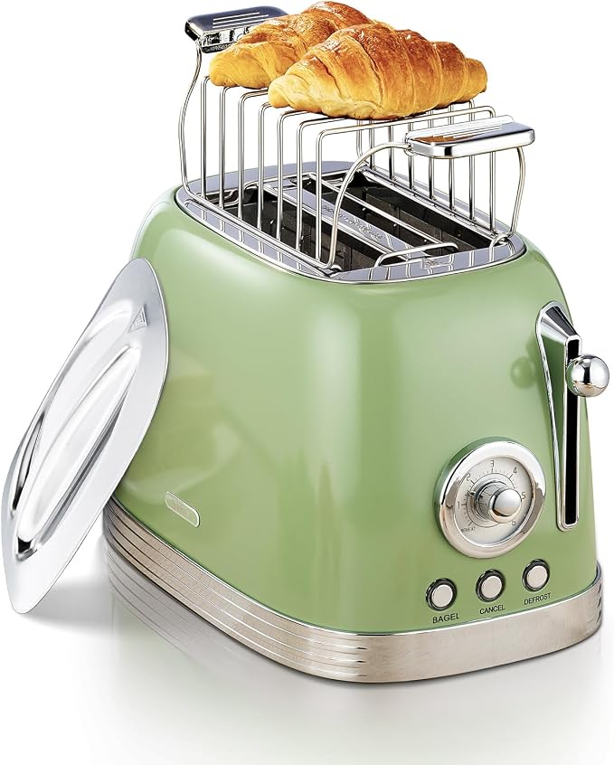 Wiltal Green Cute Retro Toaster 2 Slice with 1.58" Wide Slots, with Stainless Steel Lid, with Warming Rack, Preheat, Defrost, Countdown Timer Display