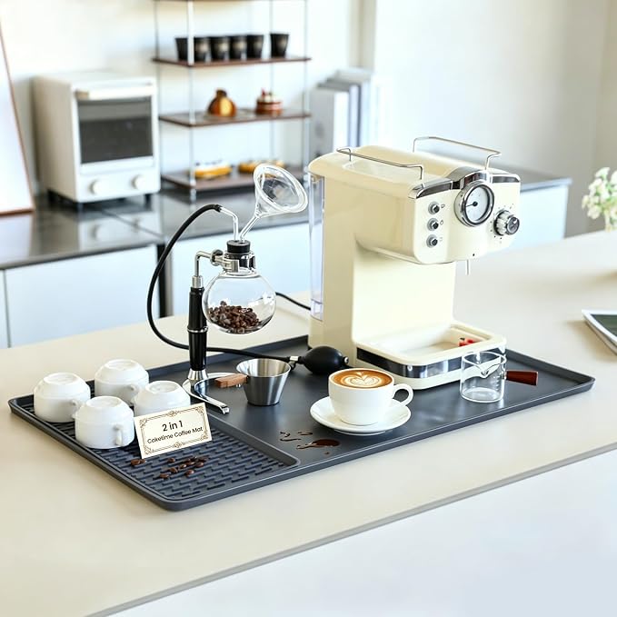 Caketime 2 In 1 Extra Large 16"x28" Silicone Coffee Bar Mat Accessories Heat Resistant for espresso Machine with Detachable Dish Drying Rug Waterproof Kitchen Office House Home Cafetera Must Have