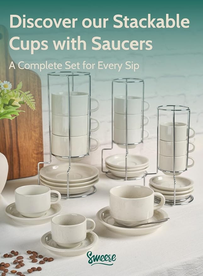 Sweese Porcelain Cappuccino Cups Set - 8 oz Stackable Coffee Mugs with Saucers, Metal Stand, Dove Grey, Set of 4