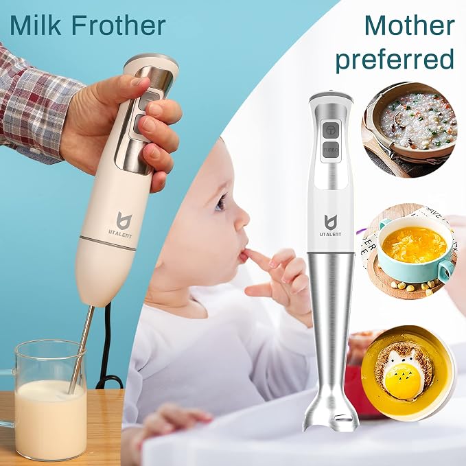 UTALENT 3-in-1 Immersion Hand Blender - Puree Baby Food, Sauces and Soups | 8-speed stick blender, Pure Copper Winding Motor, 5.2 feet power cord, 4-point Ice crush SS blade, Egg whisk, Milk frother