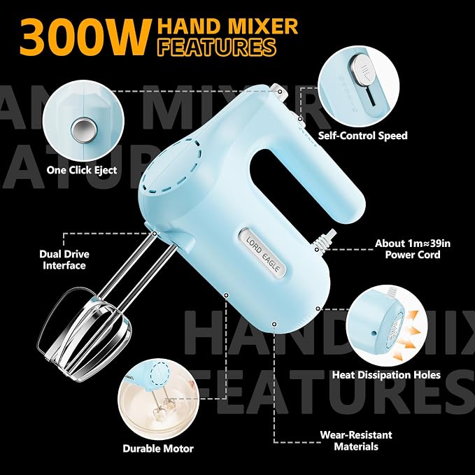 Lord Eagle 5-Speed Small Hand Mixer Electric, 300W Compact Portable, Blue | Handheld Kitchen Mixer Egg Beater with 5 Attachments & Storage Bag, Cake Supplies for Bread Dough Baking, Lightweight