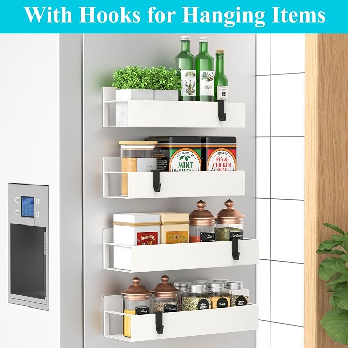 Metal Magnetic Spice Rack for Refrigerator Cream White, 4 Pack | Magnetic Shelves Heavy Duty for Fridge in Kitchen, Seasoning Storage Organizer, For Oven Washer and Dryer, For Heavier Items