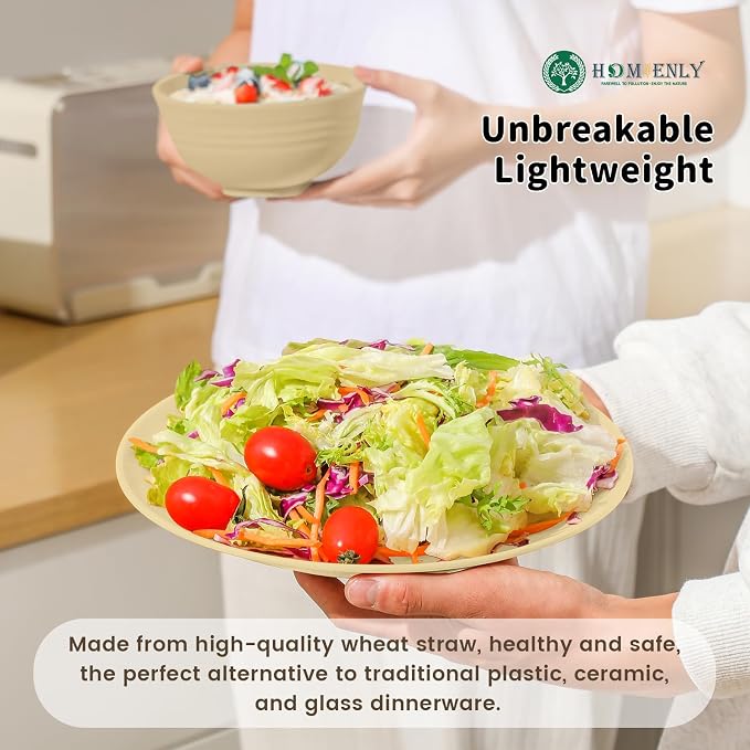 24 PCS Premium Wheat Straw Dishes Set for 6, Reusable Plates and Bowls Sets,Cups,Lightweight & Unbreakable Dishwasher and Microwave Safe Dinnerware Sets for Kitchen,Outdoor- Beige