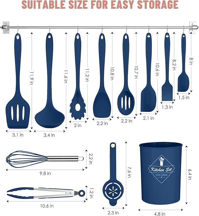 Blue Kitchen Utensils Set-12 Pieces Silicone Cooking Utensils Set | Dishwasher Safe 392°F Heat Resistant Spatula Set Kitchen Utensil Set for Nonstick Cookware,Best Kitchen Tools with Holder