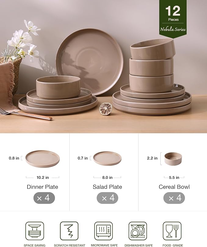 Famiware Nebula Plates and Bowls, 12-Piece Dinnerware Set, Cinnamon Brown | Stoneware Dish Set for 4, Dishwasher and Microwave Safe, Chip and Scratch Resistant