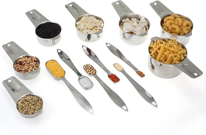 13-Piece Measuring Cups and Spoons Set, 18/8 Stainless Steel, Silver | Clearly Marked US and Metric Measurements, 7 Cups and 6 Spoons Nest for Dry and Wet Ingredients in Cooking and Baking