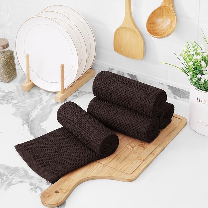 Kitinjoy 100% Cotton Waffle 4-Pack Kitchen Towels, 13" x 28", Dark Brown | Super Soft, Ultra-Absorbent, Fast Drying, lightweight, Quick Drying Kitchen Hand Towels