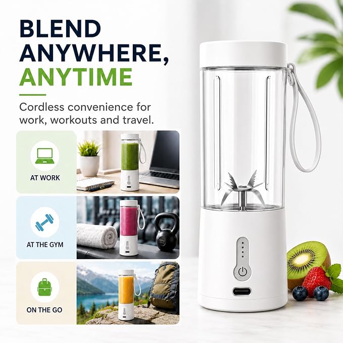 Portable Blender, Personal Cordless Juicer Cup, USB Rechargeable Ideal for Shakes & Smoothies,Ice Blending,Juicing, Mini Blender for Travel Sports Outgoing Office Gym Camping