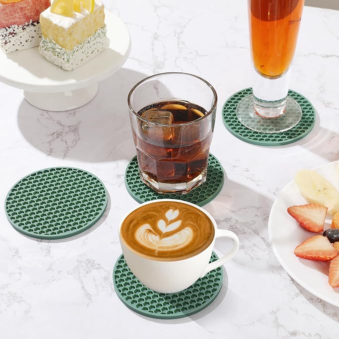 TWTLi Silicone Coasters Set of 12 with Holder — Non-Slip Drink Coasters for Coffee Table, Home Bar & Kitchen, Protects Wood & Marble Surfaces from Water Rings, Dishwasher Safe (12 Pcs, Green)