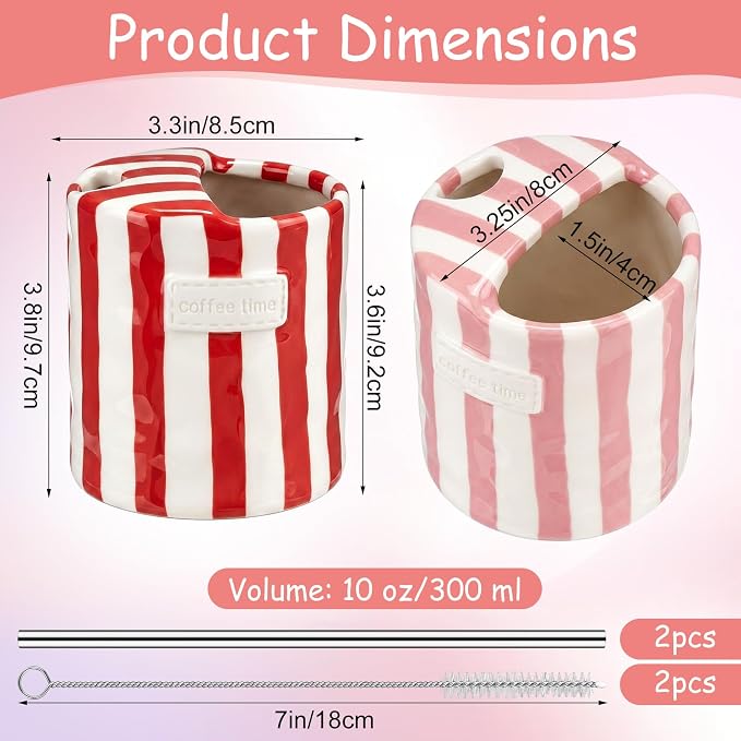2 Pack Ceramic Mug with Sip Hole, Simple, Red, Pink | 10oz Ceramic Coffee Cup with Straws, Retro Hand Painted Striped, for Iced Coffee Tea Latte Espresso, Kitchen Dining Travel