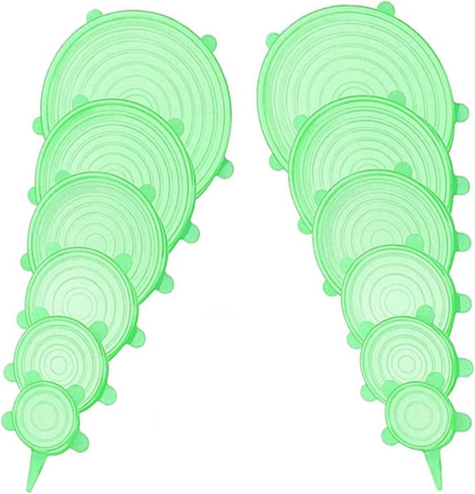 12 pcs Silicone Stretch lids set, 6 Sizes, Reusable Food Storage Covers ，Silicone Bowl Covers，Flexible to Fit All Shape of Containers，Food Cover to Keep Food Fresh (green)