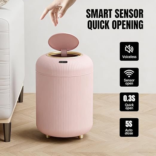 URALFA Motion Sensor Trah Can Bathroom, Automatic Pink Trash Can with Lid | 3 Gal Touchless Bathroom Garbage Can with Lid, Smart Trash Bin for Bedroom, Office, Restroom, Removable Legs, Pink and Gold